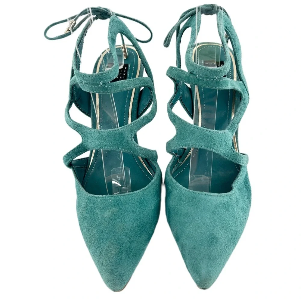 White House black market womens heels size 7.5 blue suede pointy toe stilettos